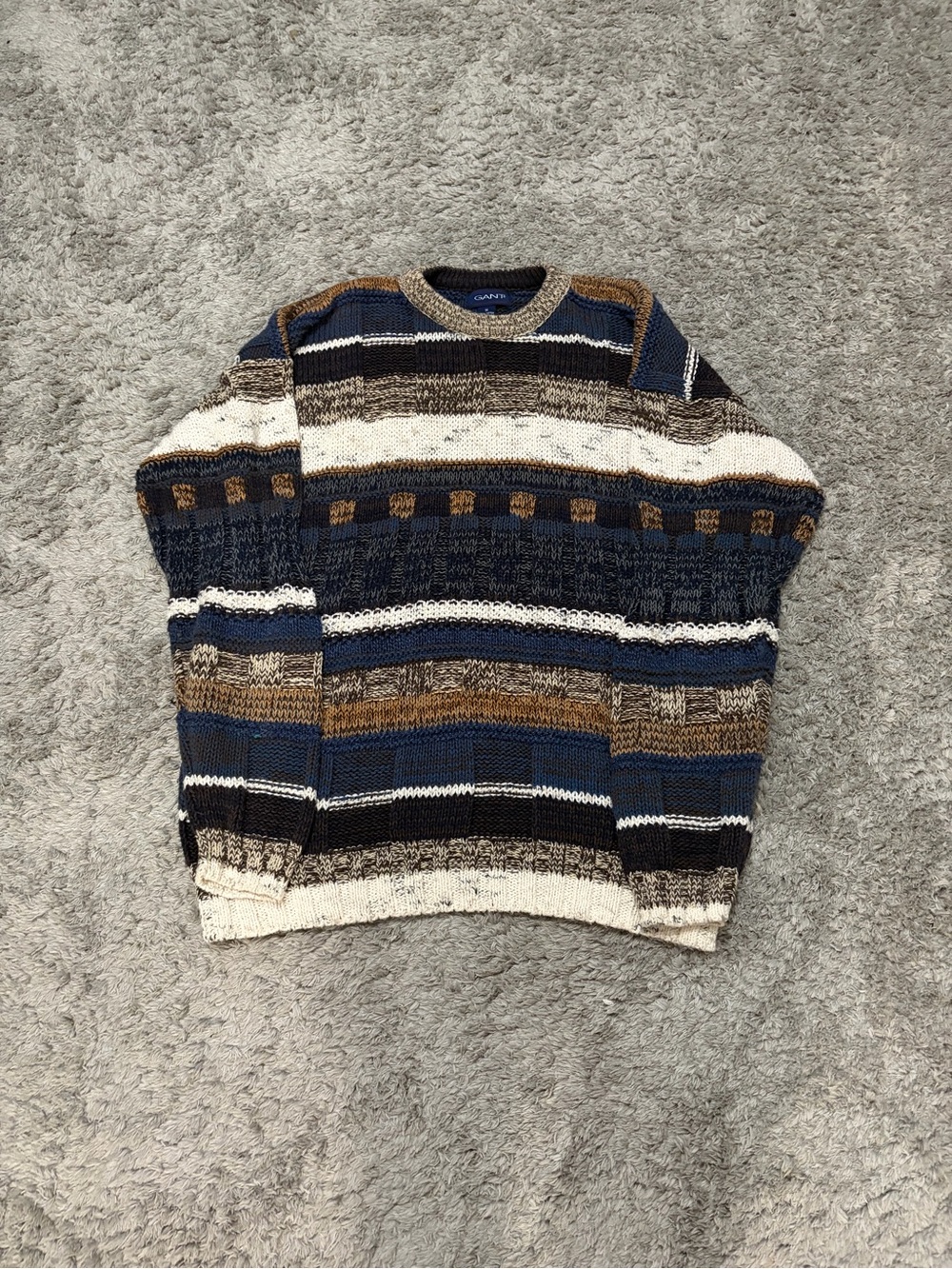 Vintage 90s GANT USA Chunky Geometric Knit Cotton Sweater Medium.